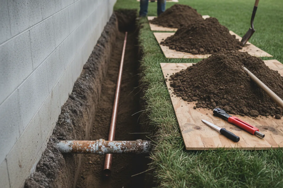 Excavated water line trench during Water Softener Installation in Pine Level